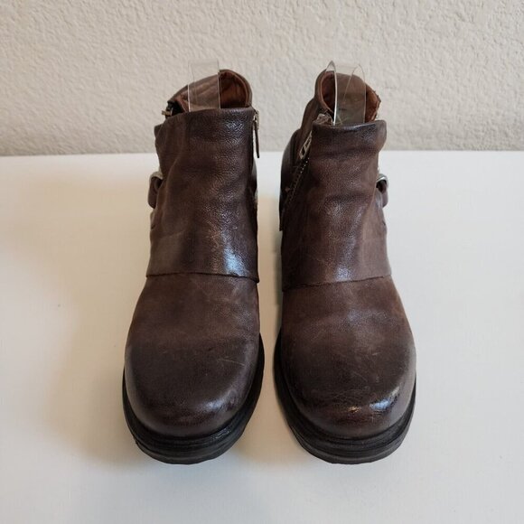 AS 98 Steve Chocolate Brown Leather Studded Moto Zip Buckle Booties 36/5.5-6 - Picture 6 of 11